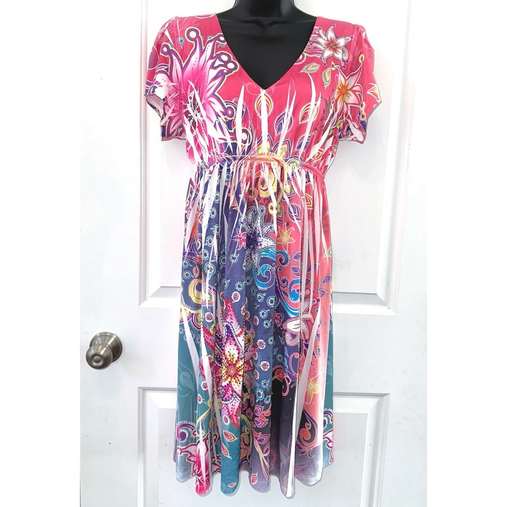R. Rouge boutique Pink & Purple Short Sleeve summer dress Rhinestones